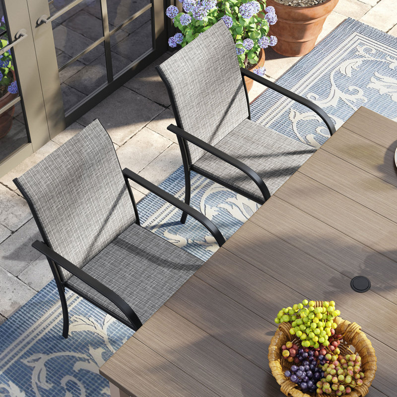 6-Person Rectangular Patio Dining Set With Stackable Textilene Chairs, Brush Wood Gray/Gray