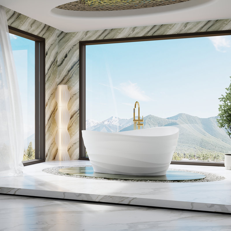 Baignoire de trempage autoportante à surface solide l 62 po x P 35 po avec bonde escamotable et trop-plein à rainure, blanc