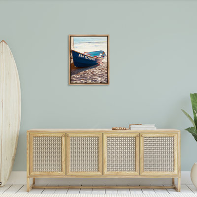 Blue Boat on Sand Grey Framed Floater Canvas Wall Art by Ashley Singleton
