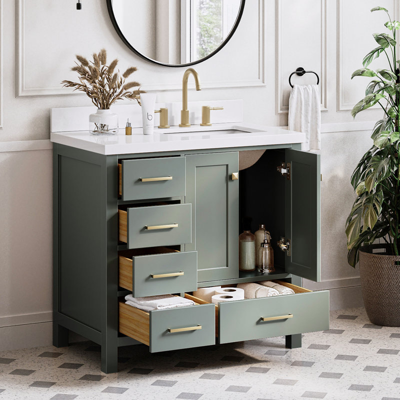 Cambridge 37'' W Single Vanity, Pure White Quartz, Satin Brass, Vintage Green