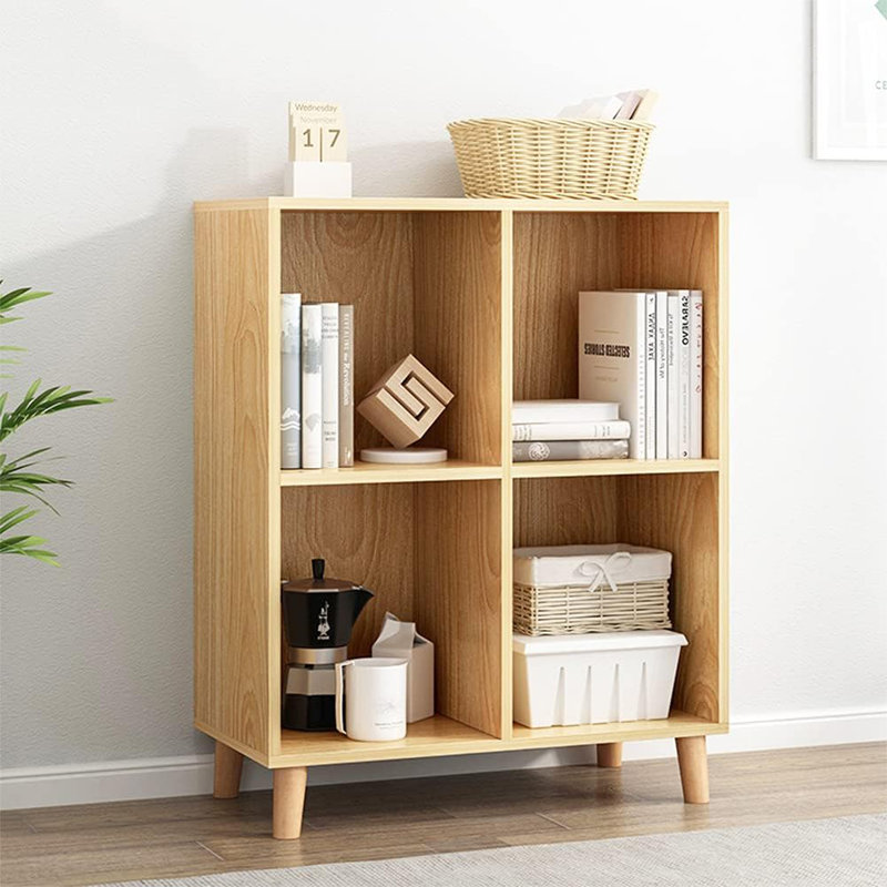 Freestanding Open Cubes Bookcase - 2-Tier Floor Standing Wooden Storage Display Cabinet Organizer With Legs For Home Office, 4-Cubes Open Shelf Low Short Bookshelf, Oak