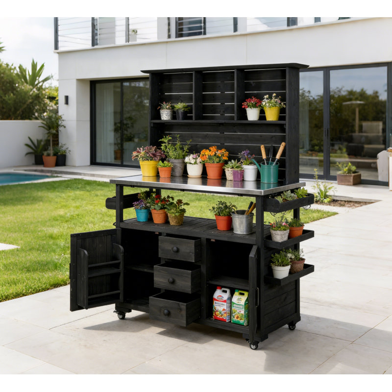 Banc de rempotage mobile en bois noir avec plateau en acier inoxydable pour le jardin, Noir