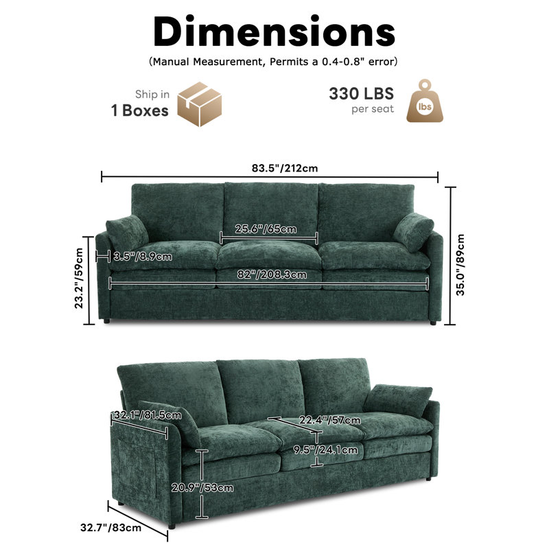 Canapé rembourré en chenille de luxe l 89 po, Vert