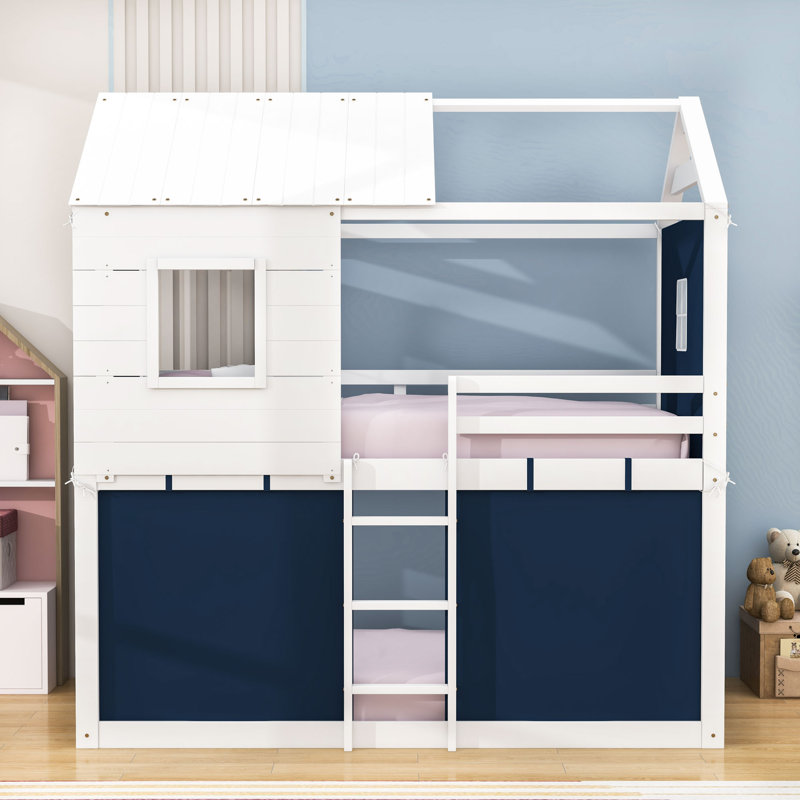 Wood Bunk Bed With Tent, Twin, Blue White
