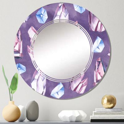 Bleu doux et cristaux roses II - miroir mural à motif rond