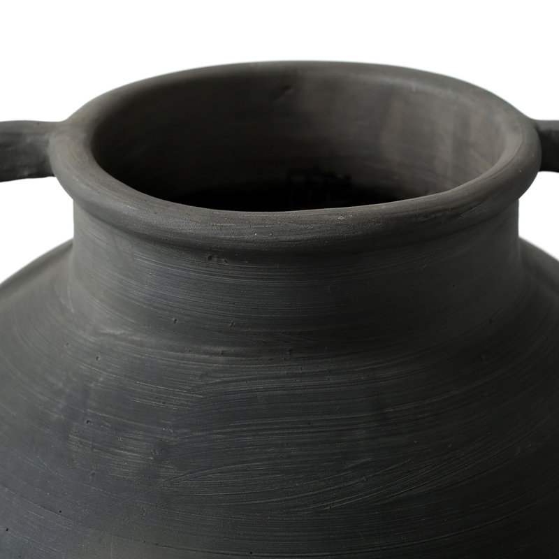 Approx.14" Pottery Vase with Two Decorative Handles Warm Soil Tone (6.3" Opening), 14" H x 13" W x 13" D, Black