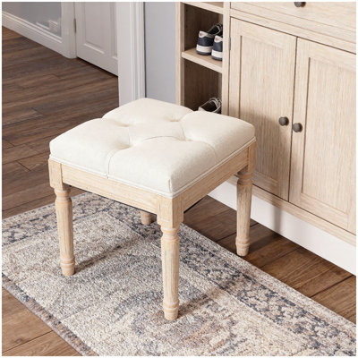 Small Padded Bench, Square Upholstered Rustic Ottoman Bench, Vanity Stools for Bedroom, 15.75" x 15.75" x 15.75" Beige