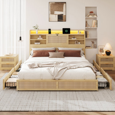 Bed Frame With 4 Drawers For Storage, A Rattan Bedside Storage Cabinet That Flips Down, An Inbuilt Charging Station And Led Lights
