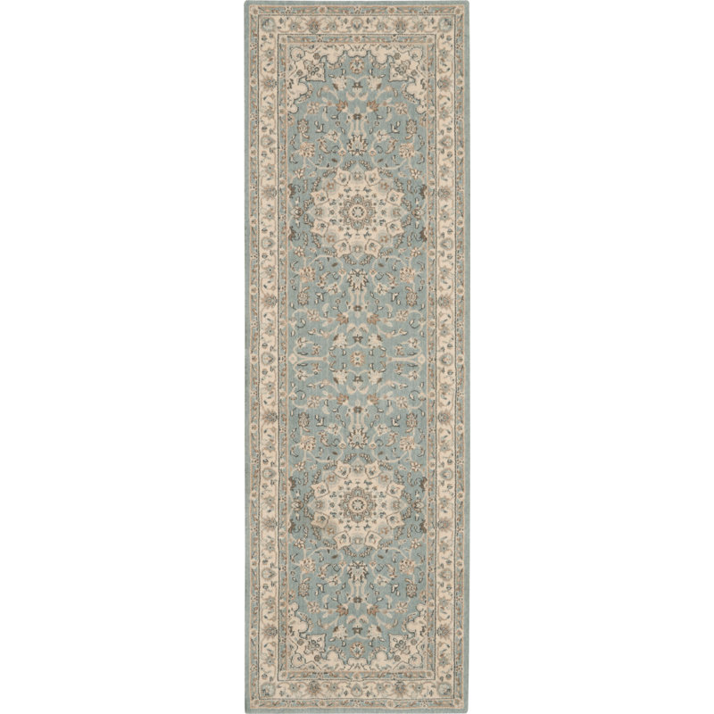 Tapis ivoire / bleu en laine Freret, Tapis de couloir 2 pi 6 po x 8 pi