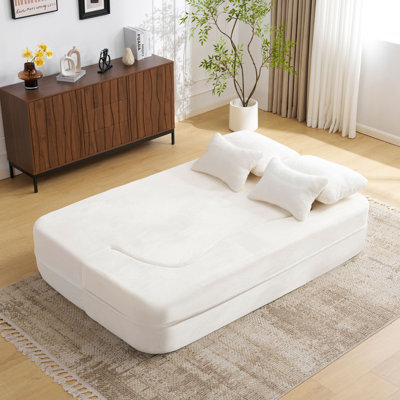 Grand canapé moderne grand format avec 4 coussins, canapé futon en tissu moelleux, matelas pliant en mousse haute densité