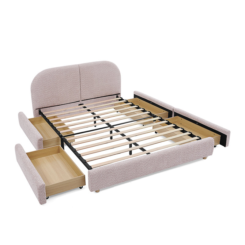 Structure de lit tapissier de style minimaliste moderne - Tissu de fil circulaire, Grand lit, Rose