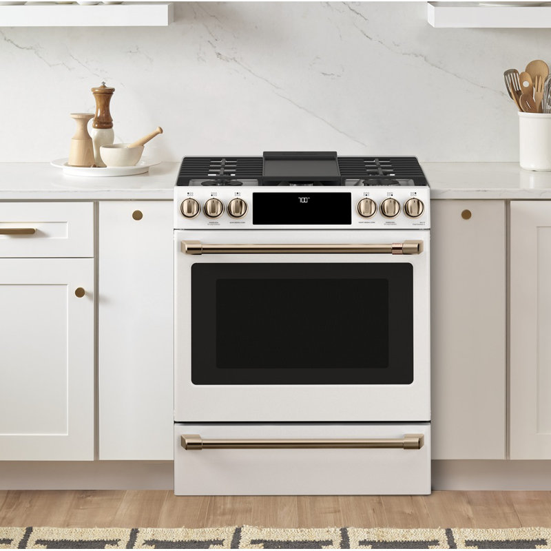 Café Smart Appliances 30" 5.6 cu. ft. Slide-in Gas Range with Griddle, Matte White - Brushed Bronze