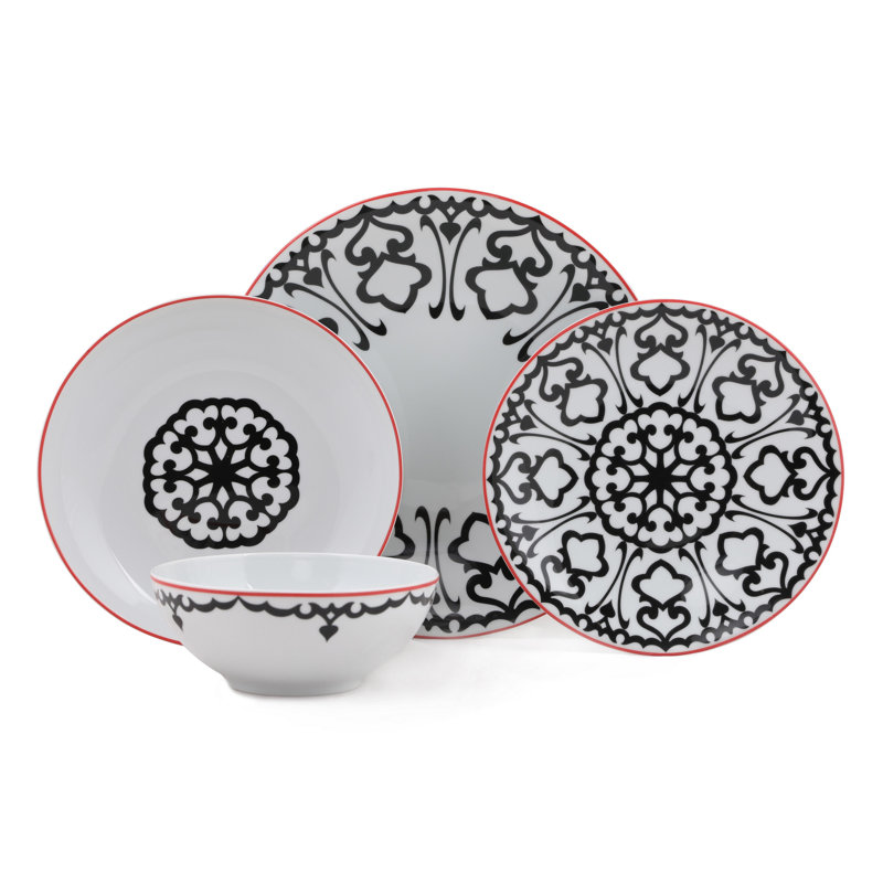 Service de table 24 pièces, service pour 6 Mattapan, Blanc/noir/rouge