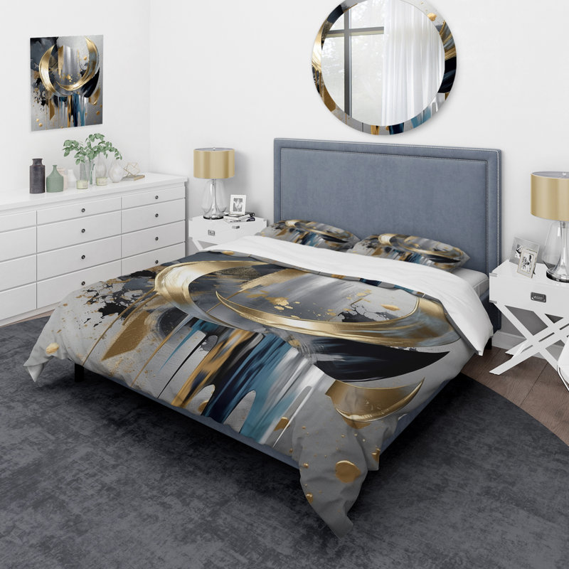 Queen Gray and Gold Abstract Marble Microfiber Duvet Cover Set