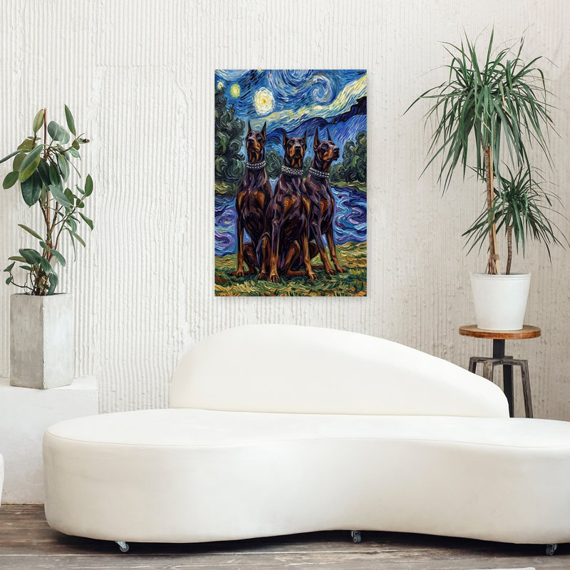 Starry Night Dobermans Abstract Contemporary Dog Forest Landscape Wall Art Print by HUGO - Wrapped Canvas Print