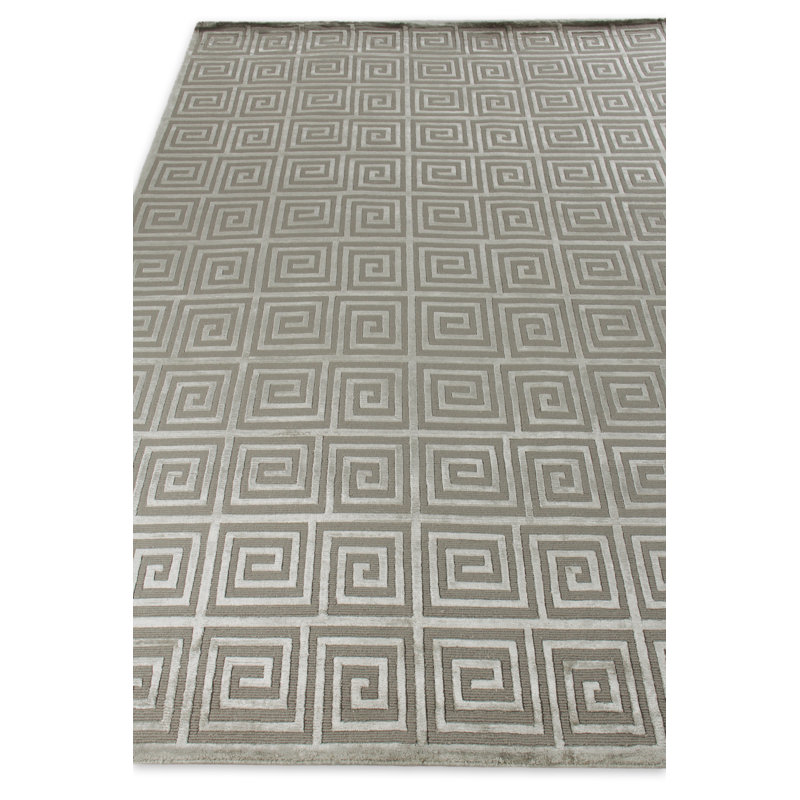 Greek Key Geometric Area Rug in Blue, Silver, Rectangle 12' x 15'