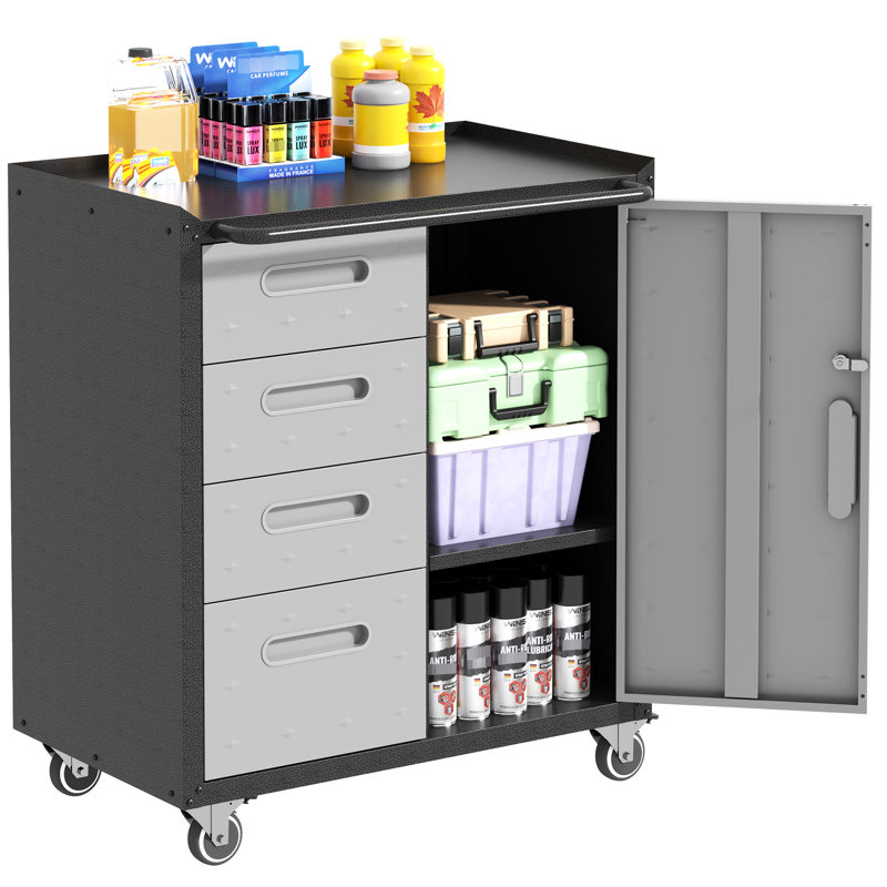 Metal Garage Storage Cabinet - Office, Home, Garage. 35.57"H, Lockable Wheels, Raised Top, 4 Side Drawers. Black/Gray With Wheels Garage, Home. Drawers, Area. Strong And .