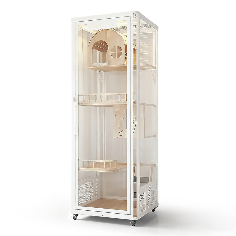 Maison pour chat panoramique en verre ultra-transparent à cinq couches avec lumières
