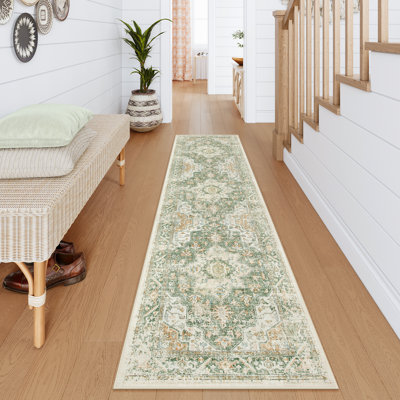 Short Cashmere Tribal Large Floral Border Contrast Colour Area Rug, Green