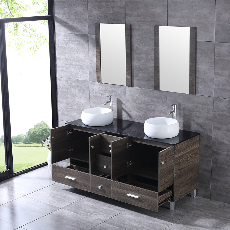 Aldesino 60'' Double Bathroom Vanity with Glass Top