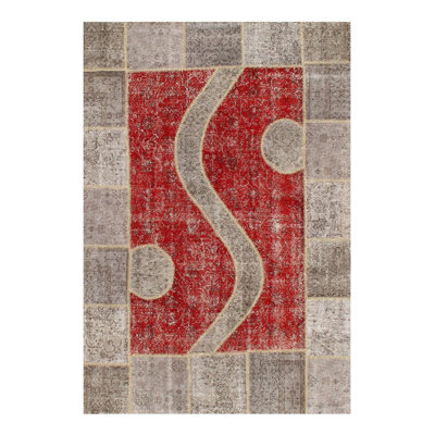 Tapis rouge / gris en coton / laine 6 pi 2 po x 9 pi sans motif et pas de couleur unie