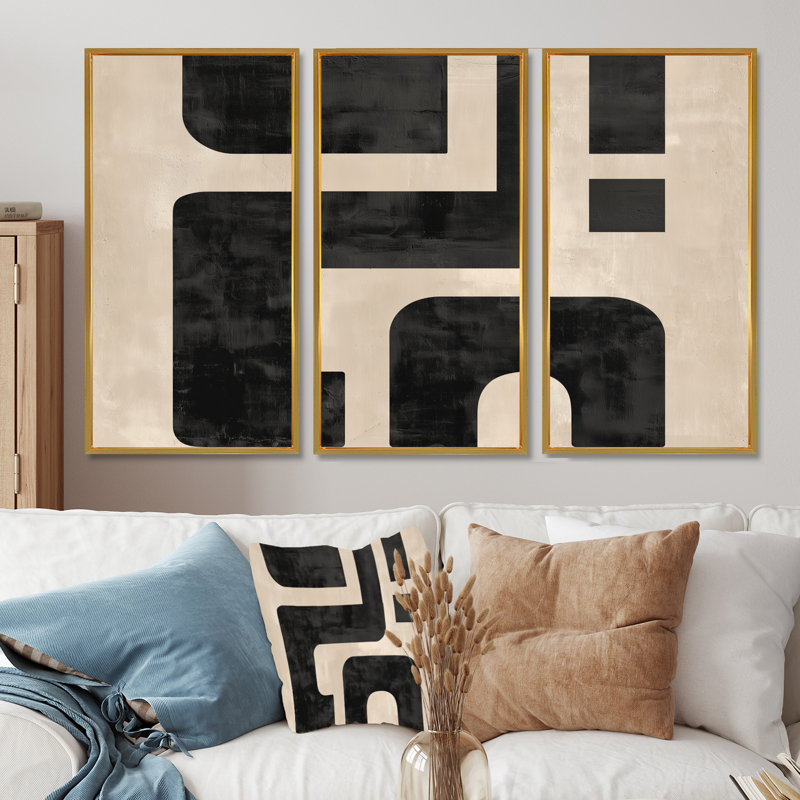 Minimal et Compositions abstraites dans des tons naturels - ensemble de décorations murales modernes Mid-Century, Doré
