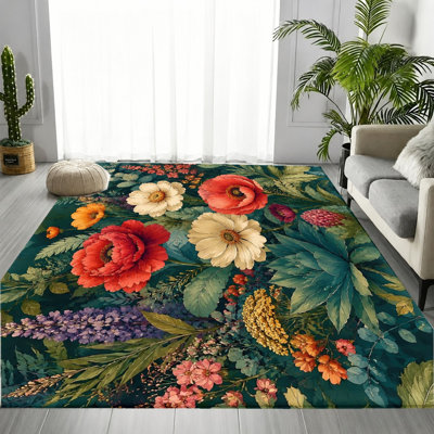 Tapis rétro vintage à fond vert foncé, motif de fleurs épanouies rouge, jaune et blanc, tapis doux antidérapant durable et lavable à la machine, décoration intérieure artistique élégante pour le salon, la chambre à coucher, la cuisine, l’appartement