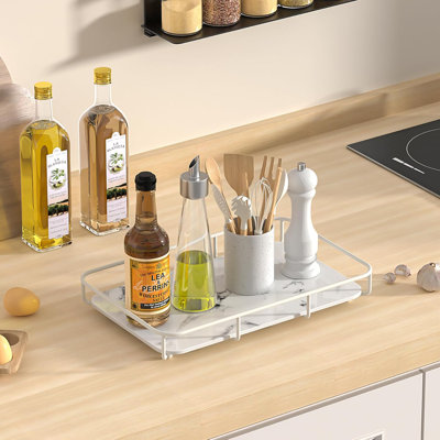Plateau de meuble-lavabo de comptoir de qualité supérieure avec cadre en acier inoxydable et plaque en céramique de marbre - étagère de rangement de maquillage pour cosmétiques pour bureau de commode