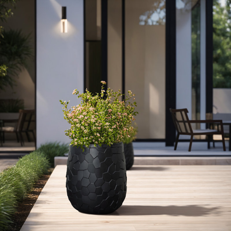 Textured Round Planter, Matte Black Garden Flower Pot with Drainage Hole, 19.69"H x 17.32"W x 17.32"D