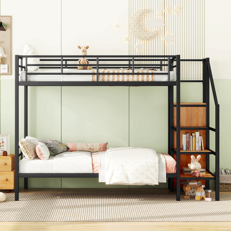 Lit superposé en métal avec échelle de rangement latérale et garde-robe, Noir