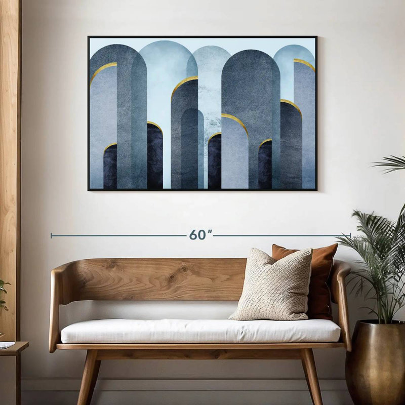 Mid-Century Arches Blue Gold, 46" X 31", Floating Frame Black