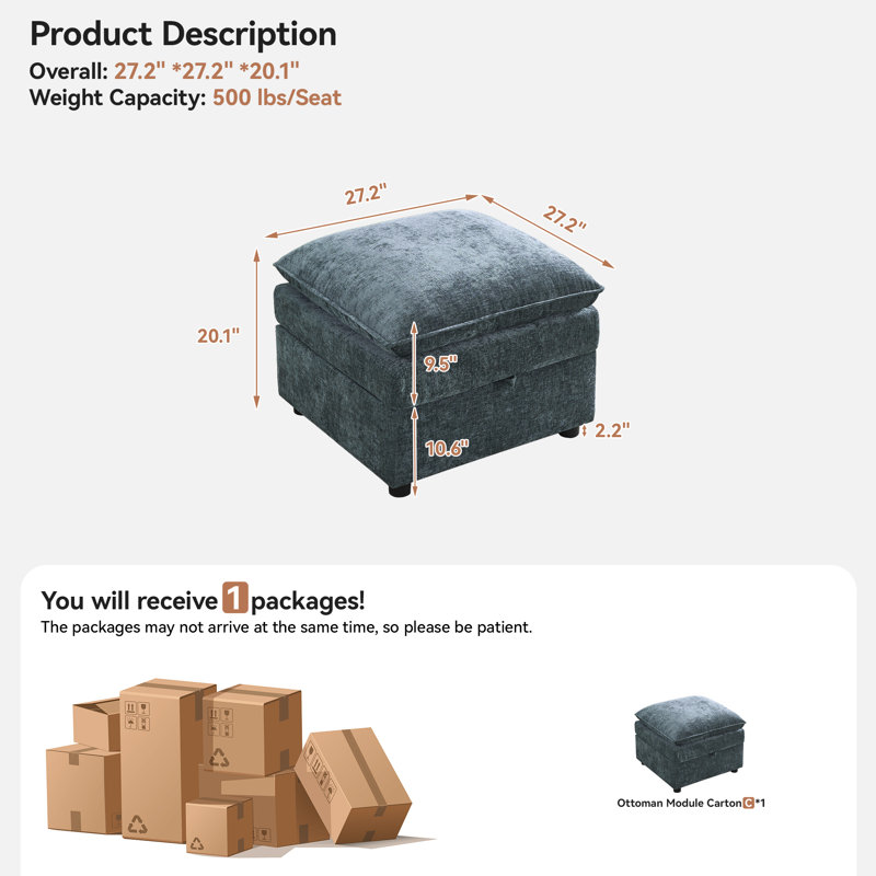 27.2" Square Storage Ottoman, Blue