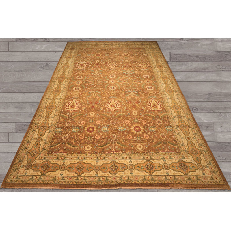 Tapis traditionnel en laine noué à la main Oushak doré 11 pi 9 po x 17 pi 9 po