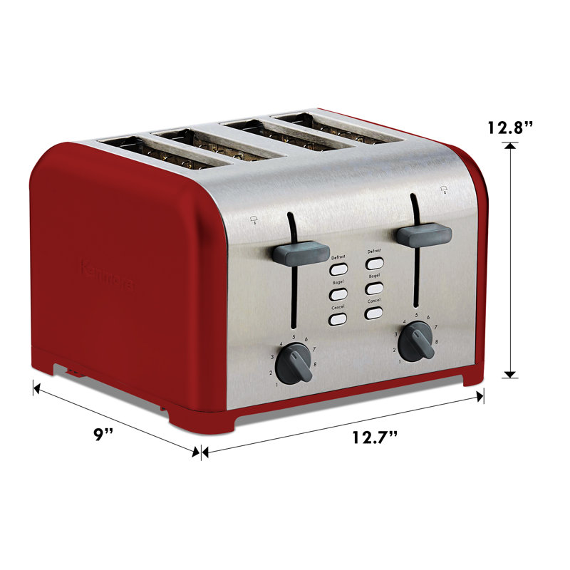 Kenmore 4 Slice Stainless Steel Toaster with Dual Controls, Extra Wide Slots and Bagel & Defrost, Stainless Steel Red