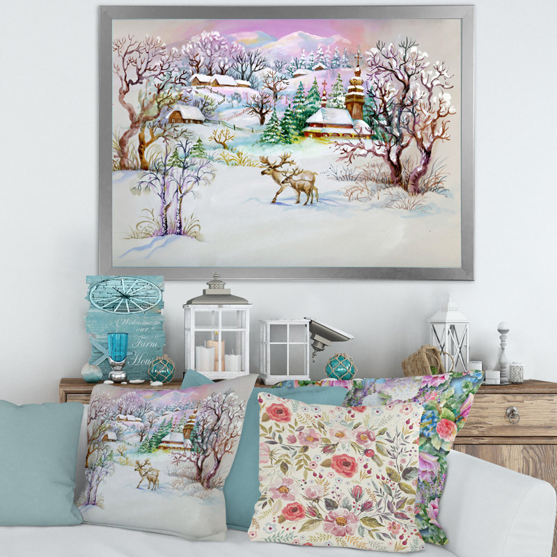 Winter Village Life - peinture sur toile, Toile avec cadre argenté, H 16 po x l 32 po x P 1,5 po