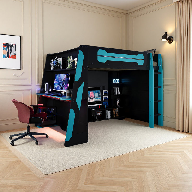 Lit mezzanine double en bois pleine grandeur avec bureau, tablettes multiples et DEL, Bleu
