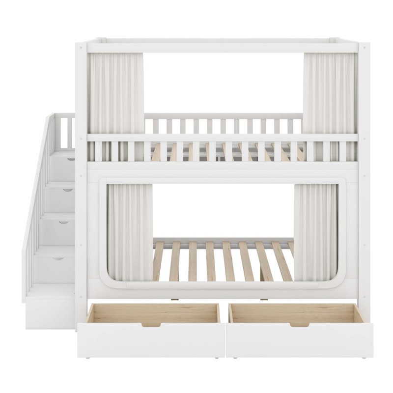 Lit superposé avec rideaux d'intimité, lumières DEL sous le lit, escalier de rangement et tiroirs