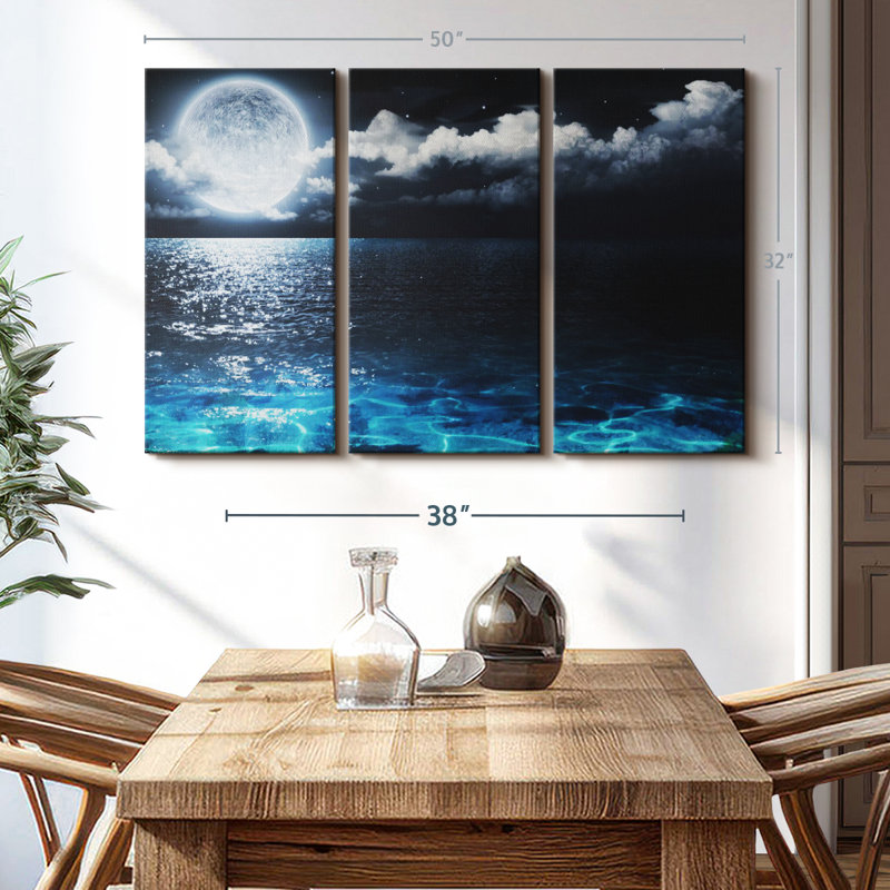 «Moonlit Blue Sea», 3 pièces sur toile, H 32 po x l 50 po x P 1,25 po