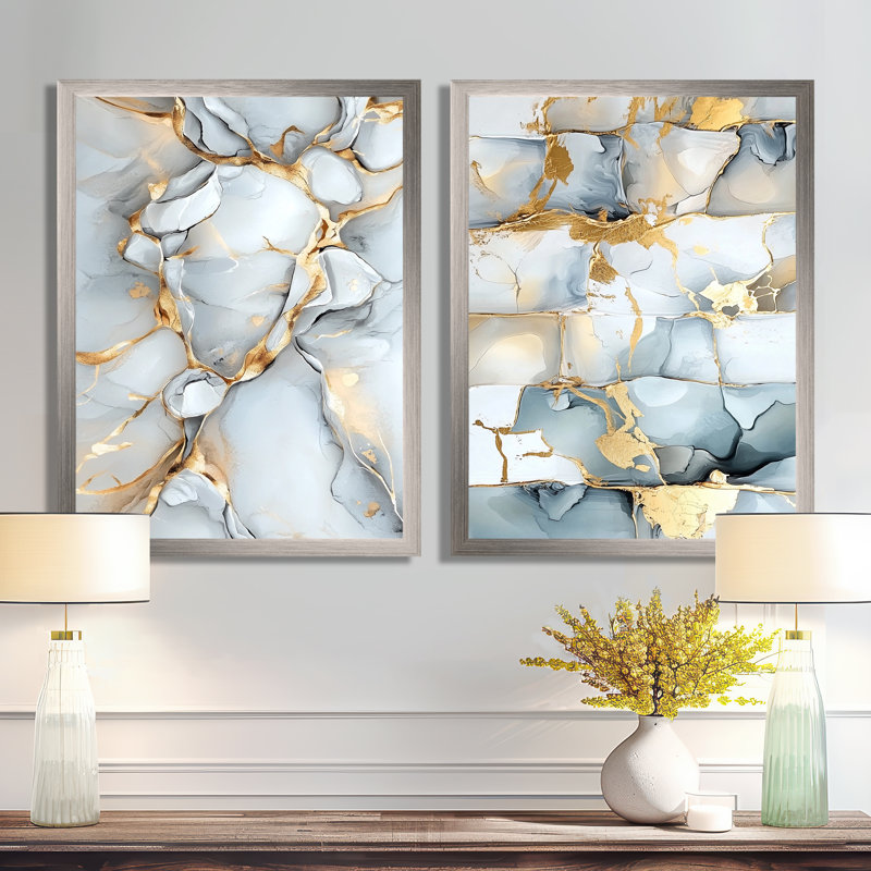 Or brisé et marbre gris I - impression d'art moderne abstrait 2 pièces, H 32 po x l 48 po, Gold Picture Framed