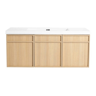48" Wall-Mounted Bathroom Vanity With Resin Sink, 3-Soft Closing Door, Original Oak, Plywood