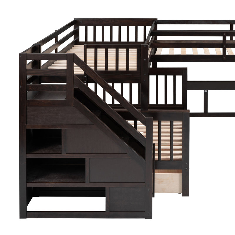 Twin-Twin over Full L-Shaped Bunk Bed with 3 Drawers, Portable Desk and Wardrobe, Brown