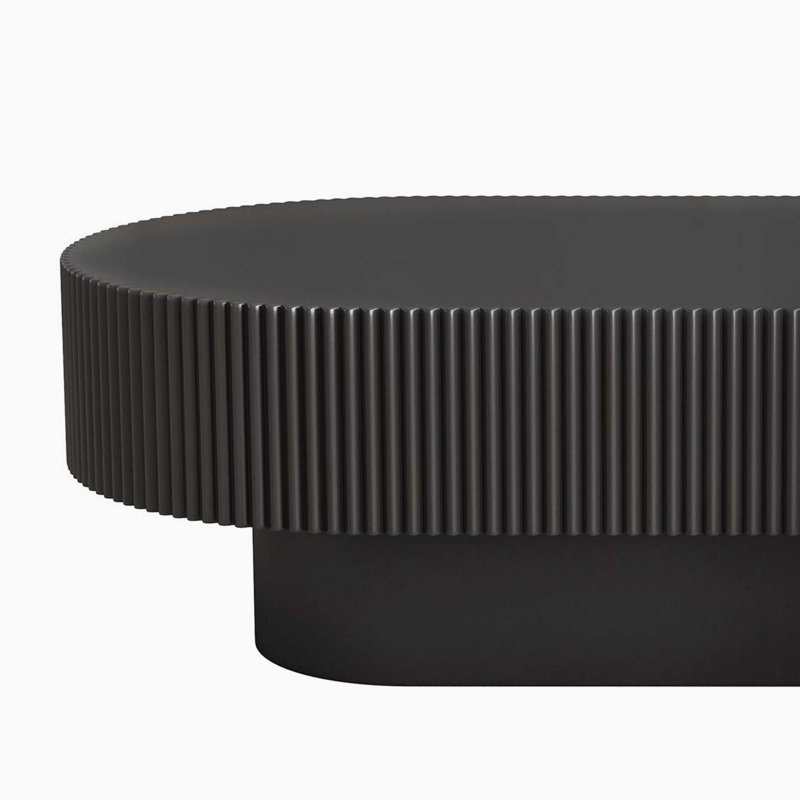 Table basse moderne ovale de style tambour cannelé avec plateau épais et base robuste, Black