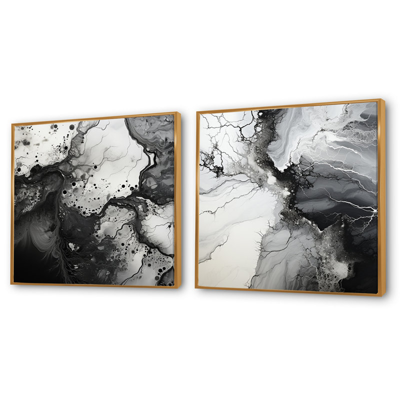 Encre liquide noire et blanche - Ensemble de 2 collages carrés à encre liquide abstraite, Cadre flottant doré