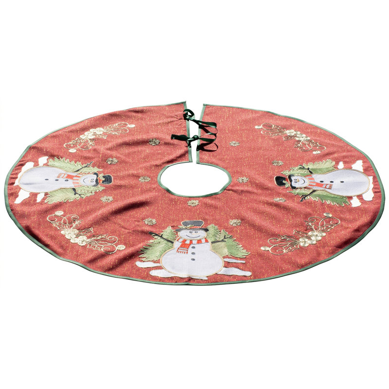 Round Christmas Tree Skirt Holiday Snowmen and Scrollwork on Red 48 Inch