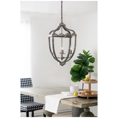 4-Light Gray Iron Chandelier with Vintage Finish, Hardwired Ceiling Light Fixture