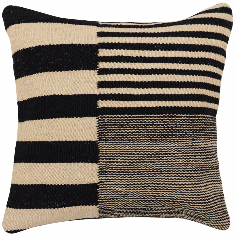 Coussin kilim Mid-Century tissé à la main, Beige / noir, motif géométrique 1