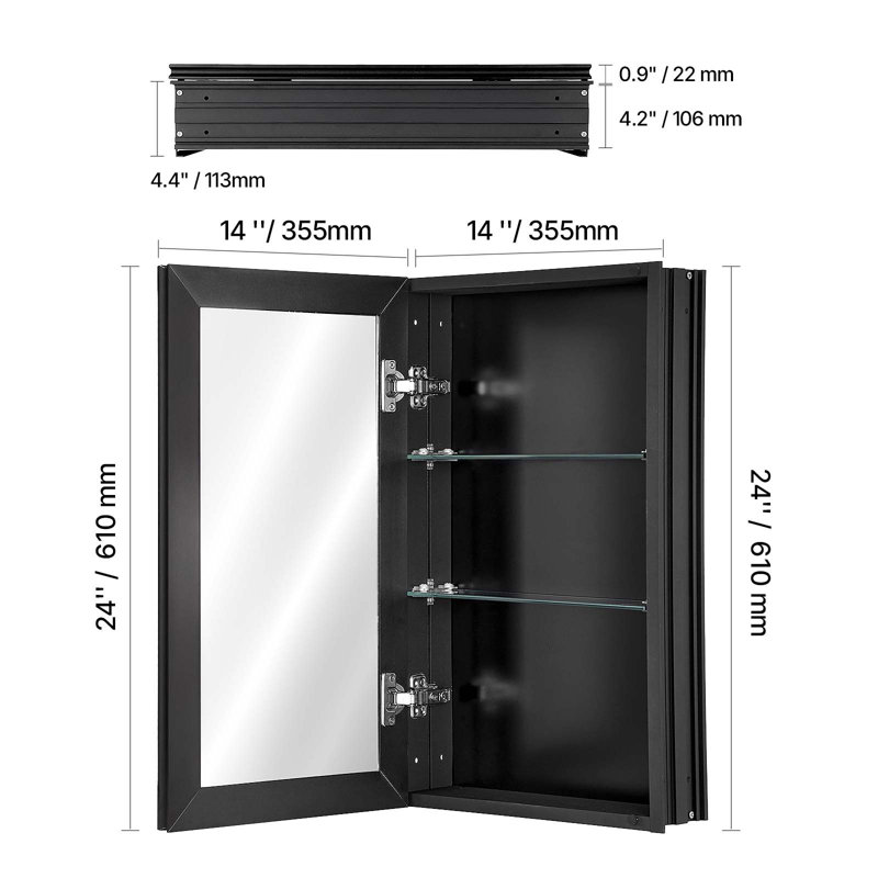 35.6mm W 61mm H Framed Medicine Cabinet Mirror 2 Adjustable