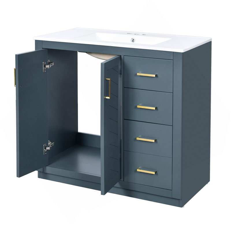 Ensemble de meuble-lavabo 36 po avec lavabo en céramique, meuble de rangement à structure en bois, ensemble de meuble-lavabo autoportant avec 3 tiroirs et portes à fermeture douce