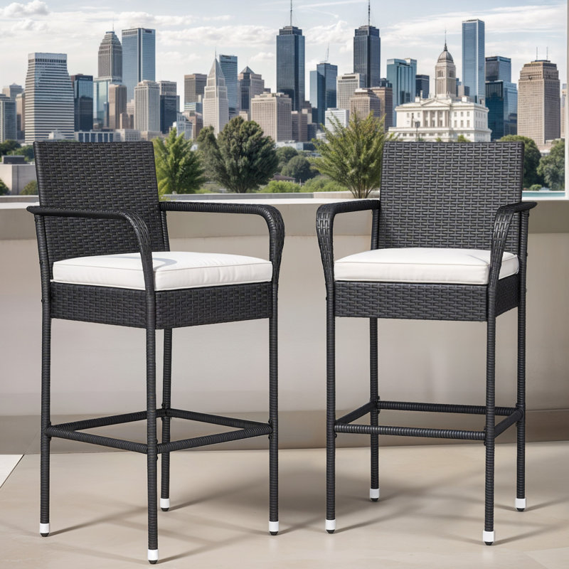  Outdoor Wicker Bar Stools Set Of 2 Patio Wicker Counter Stools With Armrest And Backrest Outdoor Bar Height Chairs