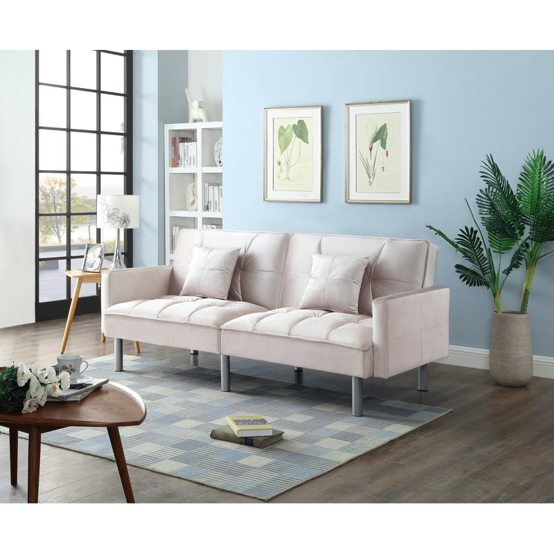 Hemphill 75.5'' Velvet Square Arm Sofa Bed, Beige Velvet
